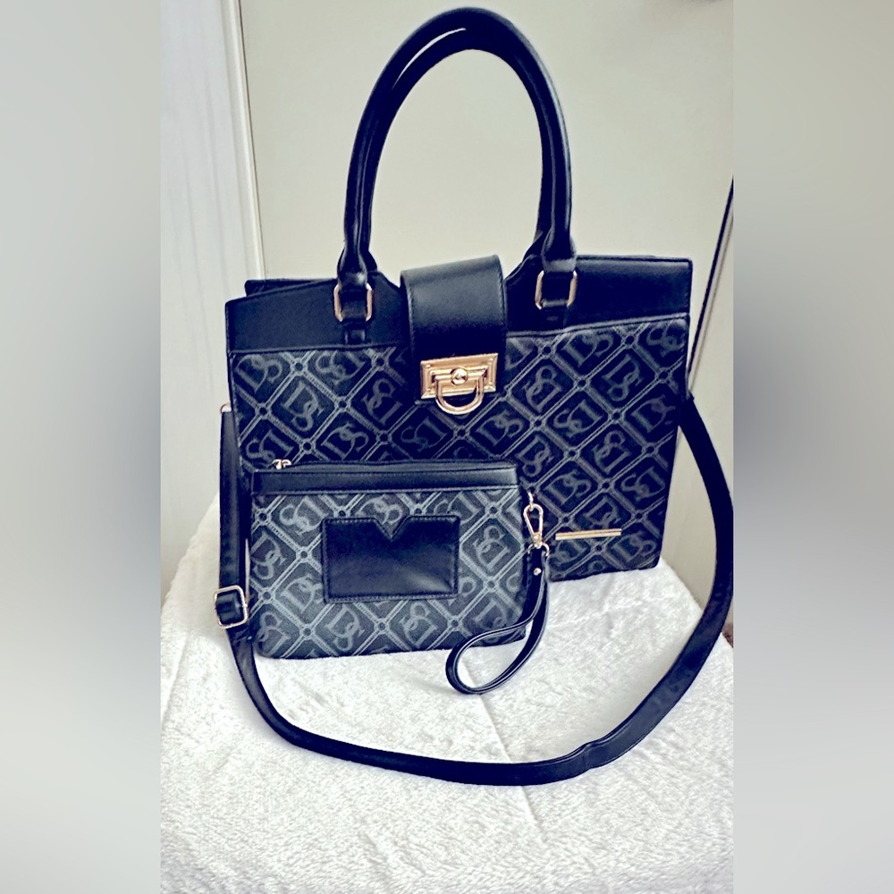Dasein Monogram Black Satchel Large Top Handle Work Tote Purse 2pcs Set